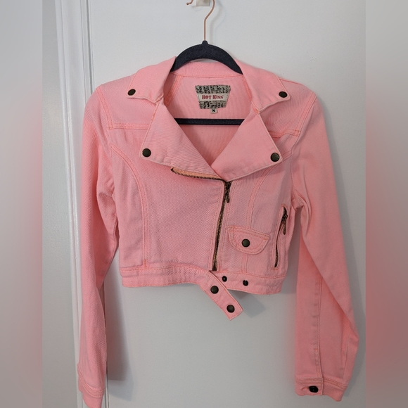Hot Kiss Jackets & Blazers - Hot Kiss Pink Denim Moto Jacket - Size Small